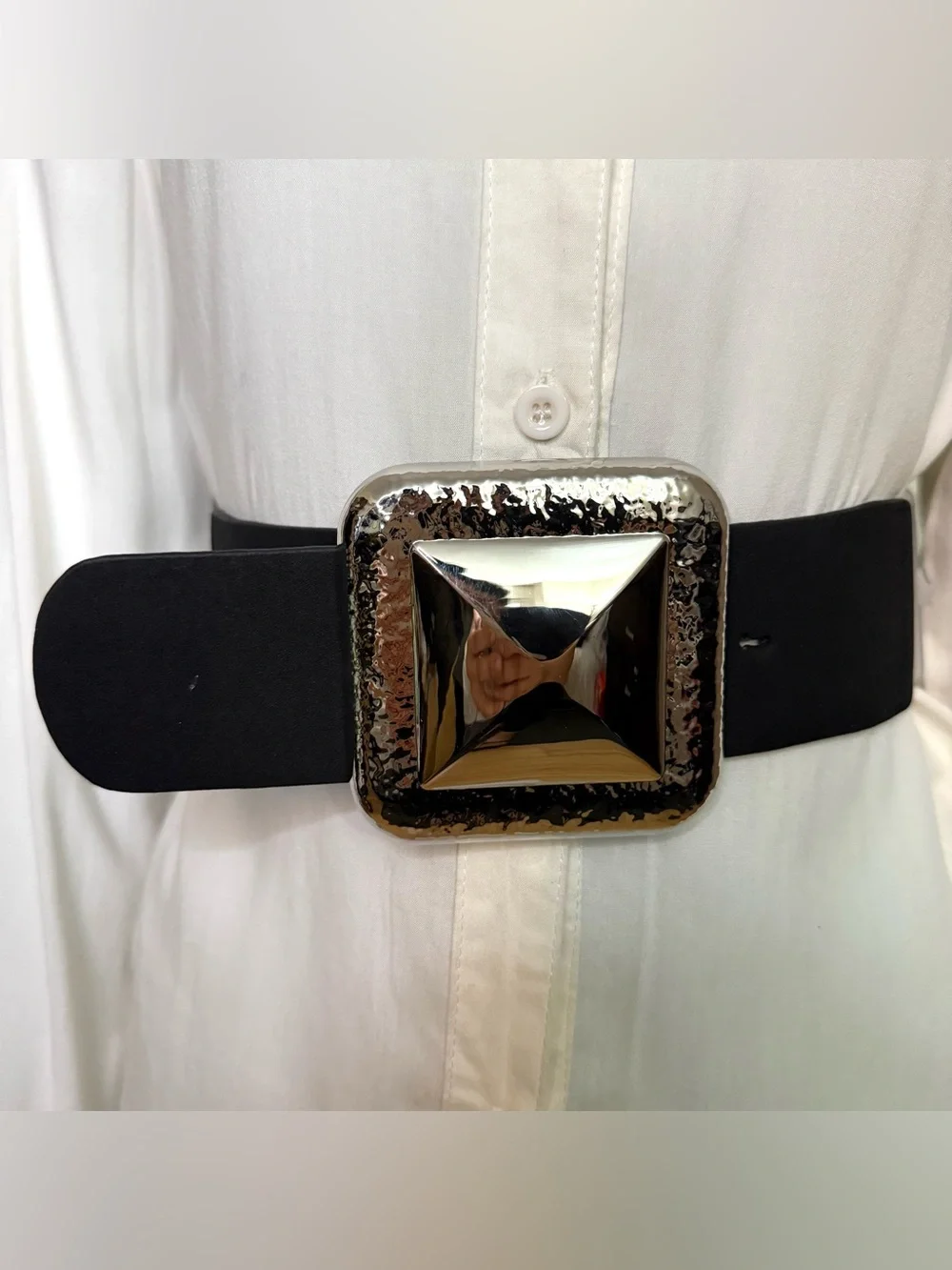 Black PU suede leather elastic waistband belt with silver square buckle